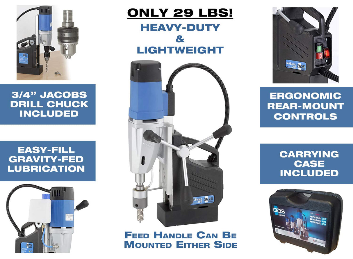 C.S. Unitec MABasic 450 Portable Magnetic Drill Press | 1150W 2-Speed Benchtop Power Drill Machine w/up to 1-3/4" Diameter & 6-1/3" Depth of Cut | Oil Bottle Included CS Unitec
