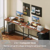 Korfile 66" L Shaped Computer Desk with Power Outlets, Home Office Desk with 4 Adjustable Storage Drawers & 2 Monitor Stands, Large Two Person Gaming Table for Writing Study, Rustic Brown Korfile