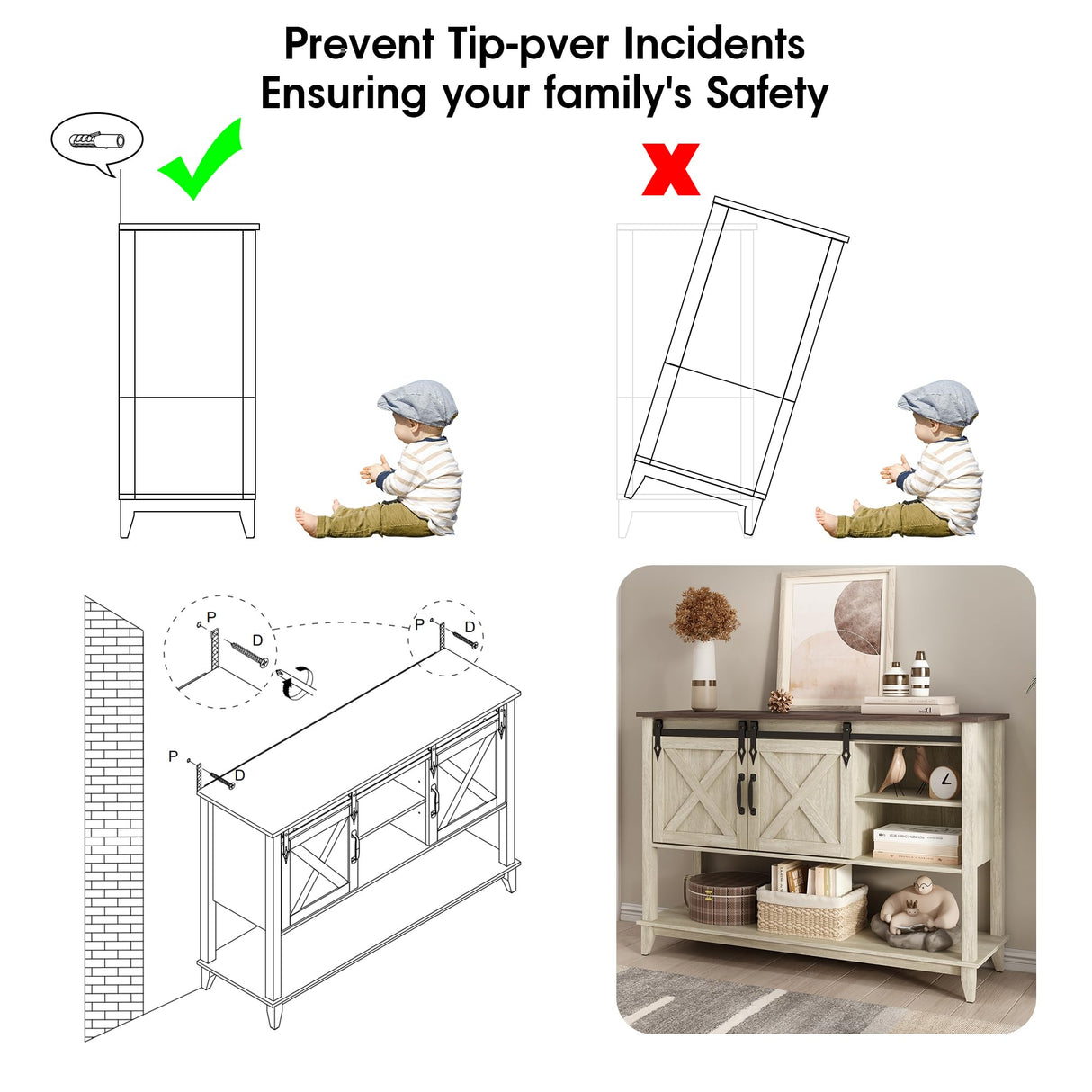 Vabches Entryway Table with 2 Sliding Barn Doors, 46" Farmhouse Console Table with Adjustable Storage Shelf, Sofa Table for Entryway, Hallway, Living Room, Metal Corner Trim & Handles, Rustic White Vabches