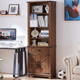 Joaxswe 72in Tall Bookshelf 7 Tier Bookcase with Drawer and Barn Doors and Adjustable Shelves, Brown Farmhouse Book Shelf with Storage Cabinet, Wood Freestanding Display Bookshelves for Kitchen Joaxswe