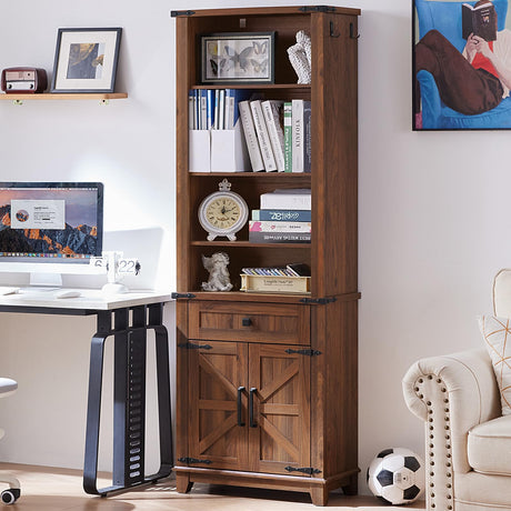 Joaxswe 72in Tall Bookshelf 7 Tier Bookcase with Drawer and Barn Doors and Adjustable Shelves, Brown Farmhouse Book Shelf with Storage Cabinet, Wood Freestanding Display Bookshelves for Kitchen Joaxswe