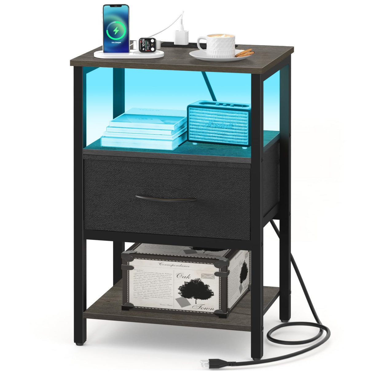 Yoobure Night Stand with Charging Station, LED Nightstand for Bedroom, Bedside Table with Adjustable Fabric Drawer, 3-Tier End Table Living Room, Small Side Table with Storage, Grey Yoobure