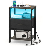 Yoobure Night Stand with Charging Station, LED Nightstand for Bedroom, Bedside Table with Adjustable Fabric Drawer, 3-Tier End Table Living Room, Small Side Table with Storage, Grey Yoobure
