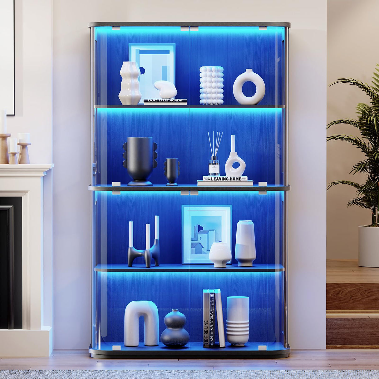 BROTTAR Large Rounded Display Cabinet with Glass Door, 4-Tier Curio Cabinet with 3 Color Lights for Collectibles, Glass Display Case with Transparent Full-Display Surface, Human Body Sensor, Black BROTTAR