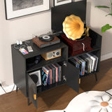Large Record Player Stand, Record Table Cabinet with Power Outlet, Modern Vinyl Record Storage Cabinet with Wood Legs for Bedroom, Living Room, Office (Black) Athuiline