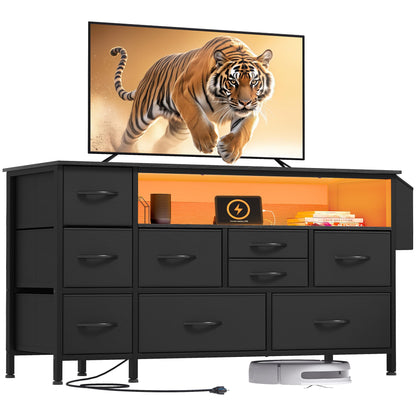 YITAHOME Dresser TV Stand with Power Outlet for 55'' TV, 9-Drawer Dresser for Bedroom, Media TV Console Table with Side Pockets & Hooks, Fabric Dresser Chest of Drawers for Bedroom, Living Room, Black