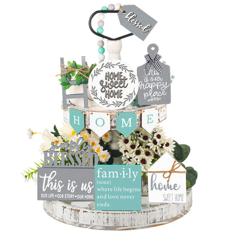 11 Pcs Farmhouse Tiered Tray Decor Home Wood Sign Rustic Home Sweet Home Simply Blessed Wooden Beads Tiered Tray Decorations Set for Home Kitchen Table FairySandy
