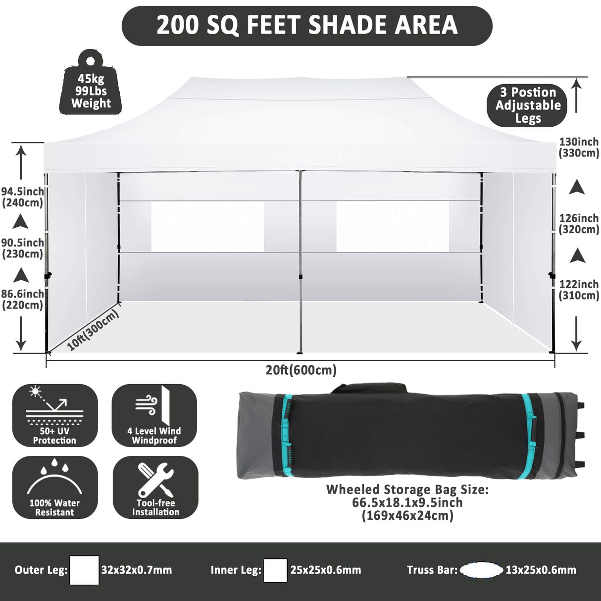 COBIZI 10x20 Pop Up Canopy with 6 Sidewall,Heavy Duty Canopy UPF 50+ All Season Wind Waterproof Commercial Outdoor Wedding Party Tents for Parties Canopy Gazebo with Roller Bag(10 x 20 ft White) COBIZI