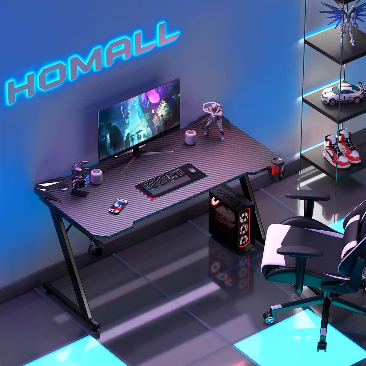 Homall Gaming Computer Desk with Carbon Fiber Surface, Gaming Table Z Shaped Pc Home Office with Cup Holder&Headphone Hook(55 in, Black) Homall