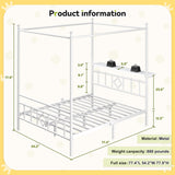 Homkdom Canopy Bed Frame with Storage Headboard, Full Size Bed Frame with 4 Removable Posts, Sturdy Metal Platform with Under-Bed Storage, Dual Purpose Bed Frame, No Box Spring Needed, White Homkdom
