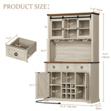 DWVO 72" Farmhouse Bar Cabinet with LED Lights & USB Charging, Wine Glass Holder & 9-Bottle Rack, Coffee Bar Sideboard with Sliding Doors, Off White+Walnut Grain DWVO