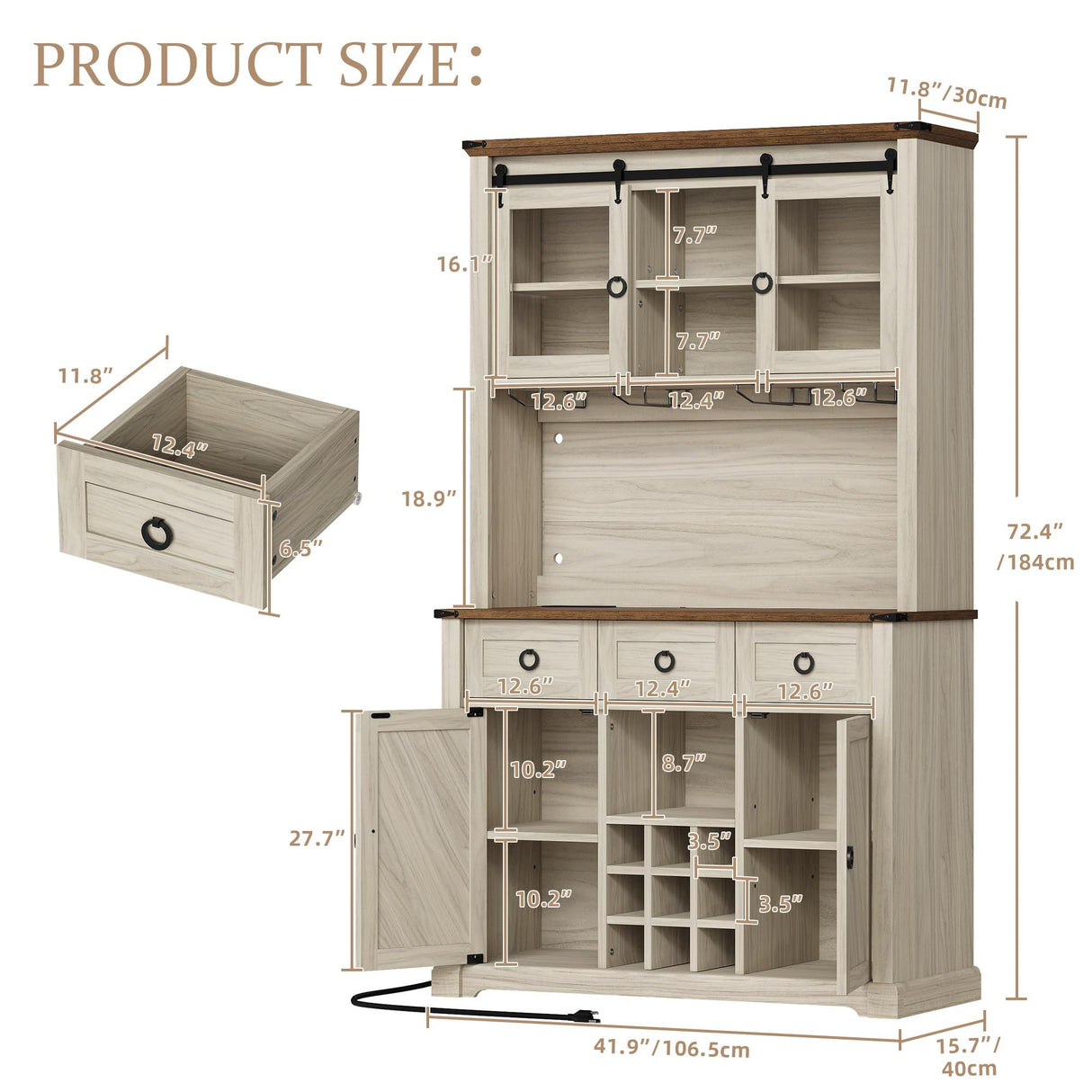 DWVO 72" Farmhouse Bar Cabinet with LED Lights & USB Charging, Wine Glass Holder & 9-Bottle Rack, Coffee Bar Sideboard with Sliding Doors, Off White+Walnut Grain DWVO