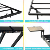 Bigu Floating Bed Frame with LED Lights Metal Platform with 2 Bedside Tables and Charging Station, Queen Bigu