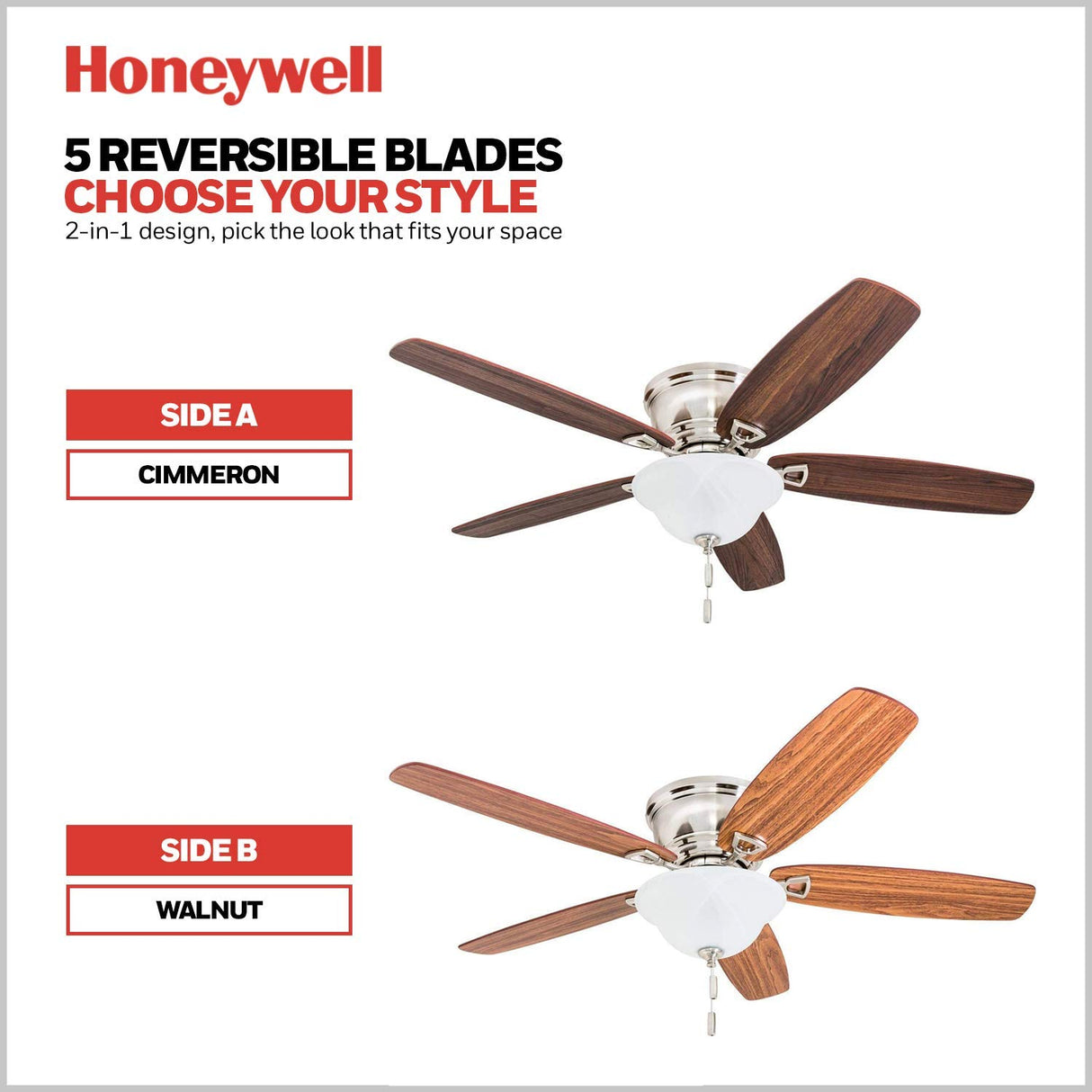 Honeywell Ceiling Fans Glen Alden, 52 Inch Classic Flush Mount Indoor LED Ceiling Fan with Light, Pull Chain, Quick-2-Hang Dual Finish Blades, Reversible Motor - 50519-01 (Brushed Nickel) Honeywell Ceiling Fans