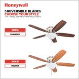 Honeywell Ceiling Fans Glen Alden, 52 Inch Classic Flush Mount Indoor LED Ceiling Fan with Light, Pull Chain, Quick-2-Hang Dual Finish Blades, Reversible Motor - 50519-01 (Brushed Nickel) Honeywell Ceiling Fans