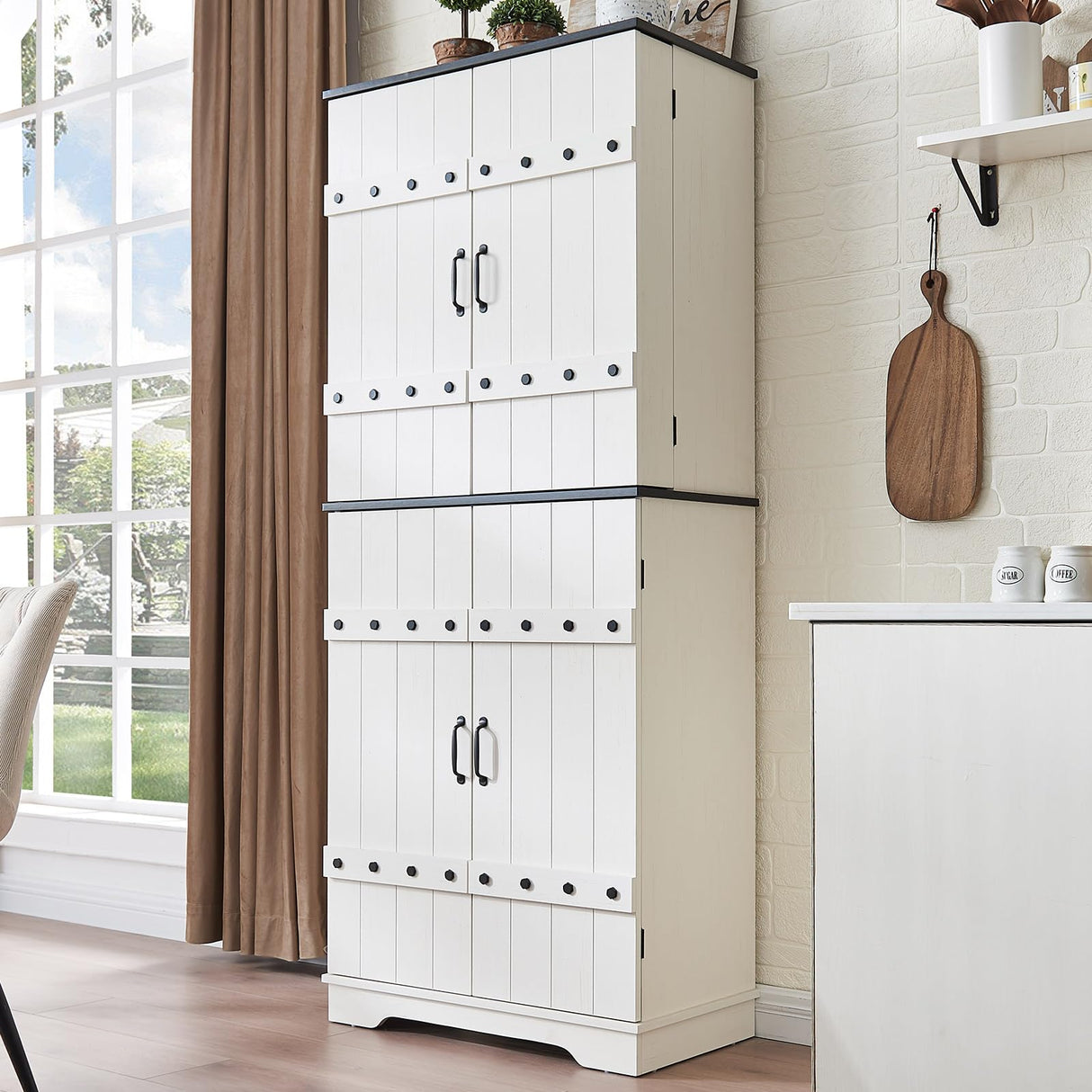 VanAcc 72" Tall Farmhouse Kitchen Pantry Cabinet with Door Organizer & Adjustable Shelves, Wooden Storage Cupboard with Drawer and Barn Doors for Kitchen, Dining Room, Living Room, Distressed White VanAcc