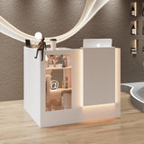 TAMUNE L-Shape Reception Desk with Lights, Front Counter Table with Glass Shelves, Reception Room Table, Counter Desk for Retail Checkout, Lobby Salon Store, White, 39.4”D x 47.2”W x 40.6”H TAMUNE