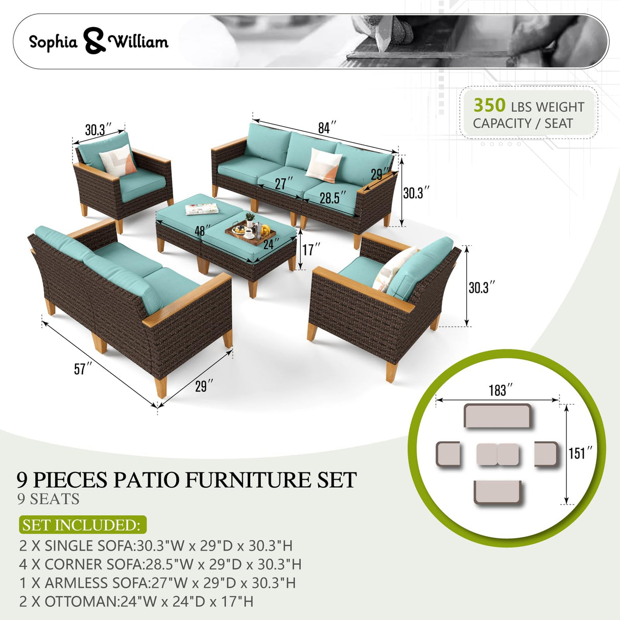 Sophia & William Patio Furniture Sets, 9 Piece Sectional Outdoor Rattan Wicker Sofa, All Weather Patio Conversation Set for Deck Backyard Lawn, Outdoor Couch, Blue Sophia & William