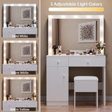 Haewon Vanity Desk with Mirror, 11 LED Lights and Power Outlet, Makeup Vanity Set with Storage Cabinet, Drawers and Chair, White Dressing Table with 3 Adjustable Light Modes for Bedroom Haewon
