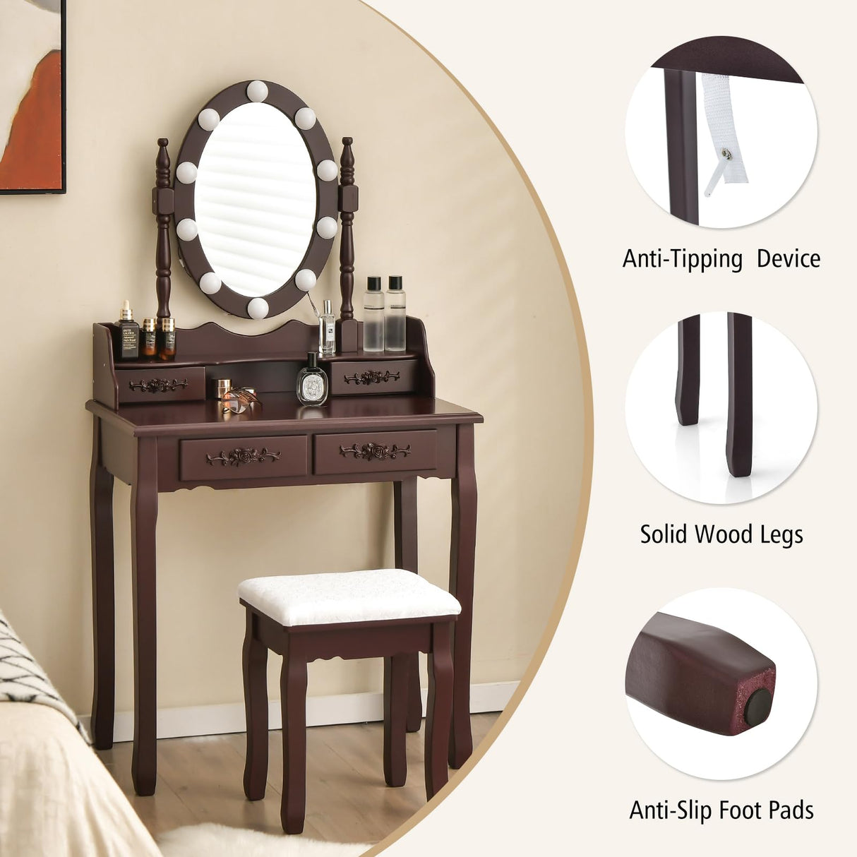 GOFLAME Vanity Table Set with Lighted Rotatable Mirror, Dressing Table with 3-Color Lights & Adjustable Brightness, Makeup Desk with Cushioned Stool for Dressing Room, Bedroom (Brown) GOFLAME