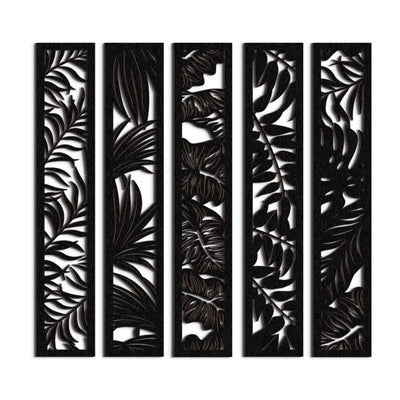5 Pieces Wooden Wall Art Hollow Wall Decor Wood Wall Accents Themed Wood Panels for Home Decorations Bedroom Living Room, 15.7 x 2.9 x 0.2 Inch (Black, Leaf)