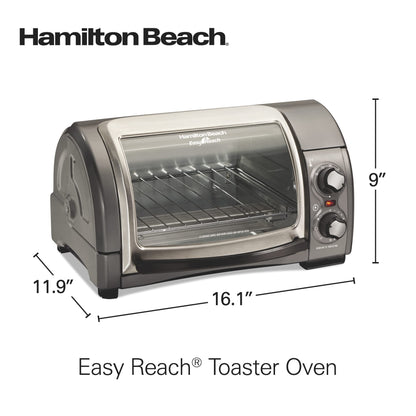 Hamilton Beach Easy Reach 4-Slice Countertop Toaster Oven With Roll-Top Door, 1200 Watts, Fits 9” Pizza, 3 Cooking Functions for Bake, Broil and Toast, Silver (31344DA)