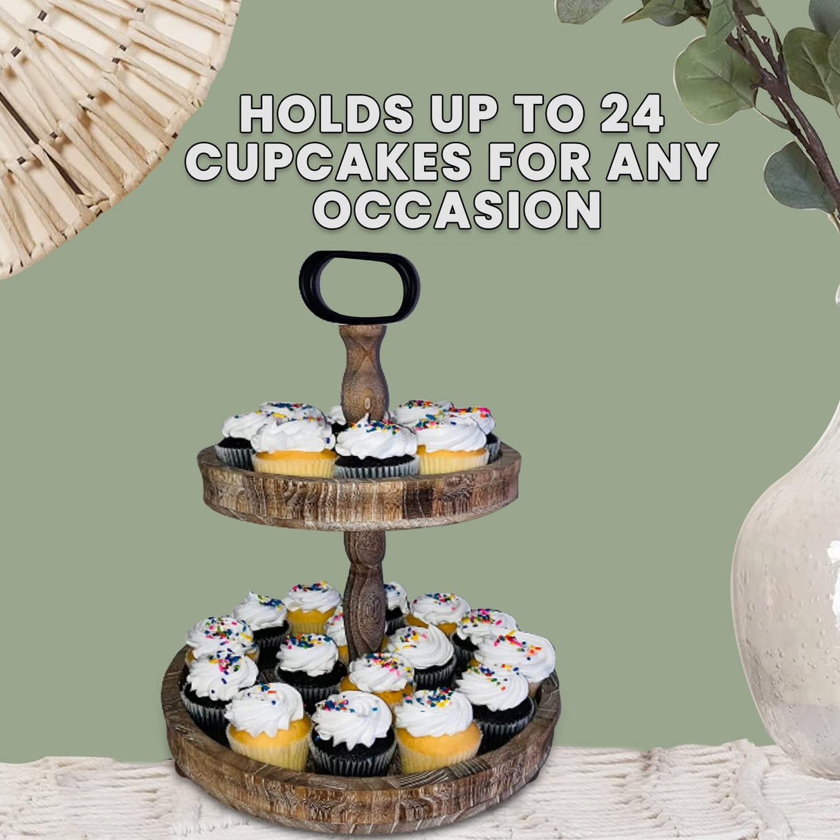 DECORIO Beautiful Farmhouse Slightly Distressed Two Tier Brown Wood Decorative Tray - Tiered Tray Stand - Two Tier Tray Tiered Tray Decor - Tiered Tray Large - 2 Tier Tray - Fall Decor 17" Large Round Decorio Decorate In Style