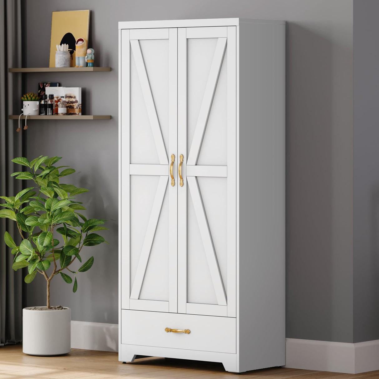 YITAHOME 62" Kitchen Pantry Cabinet, Metal Storage Cabinets with Adjustable Shelves, Farmhouse Pantry Organizer with Door and Drawer for Dining Living Room, White YITAHOME