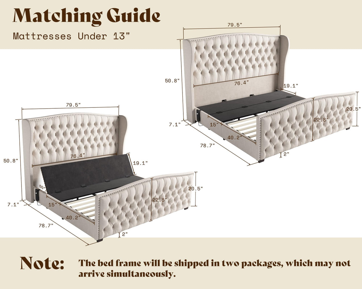 AMERLIFE King Size Adjustable Bed Frame with 51" H Velvet Upholstered and Deep Button Tufted Headboard, Electric Bed with Dual Motor/Nailhead Trim Wingback, No Box Spring Needed, Cream AMERLIFE