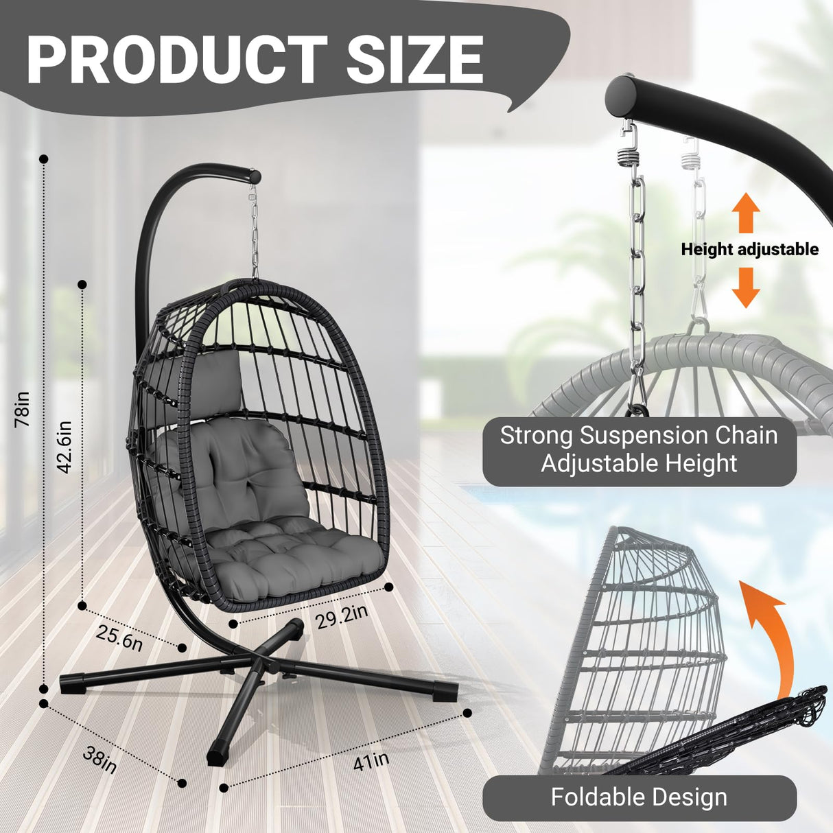 LEVELEVE Egg Chair with Stand,Patio Rattan Wicker Hanging Swing Egg Chair Hammock Chair for Bedroom Porch Garden,Thickened Aluminum Alloy Steel Frame and UV Resistant Cushion,350LBS Capacity(Grey) LEVELEVE