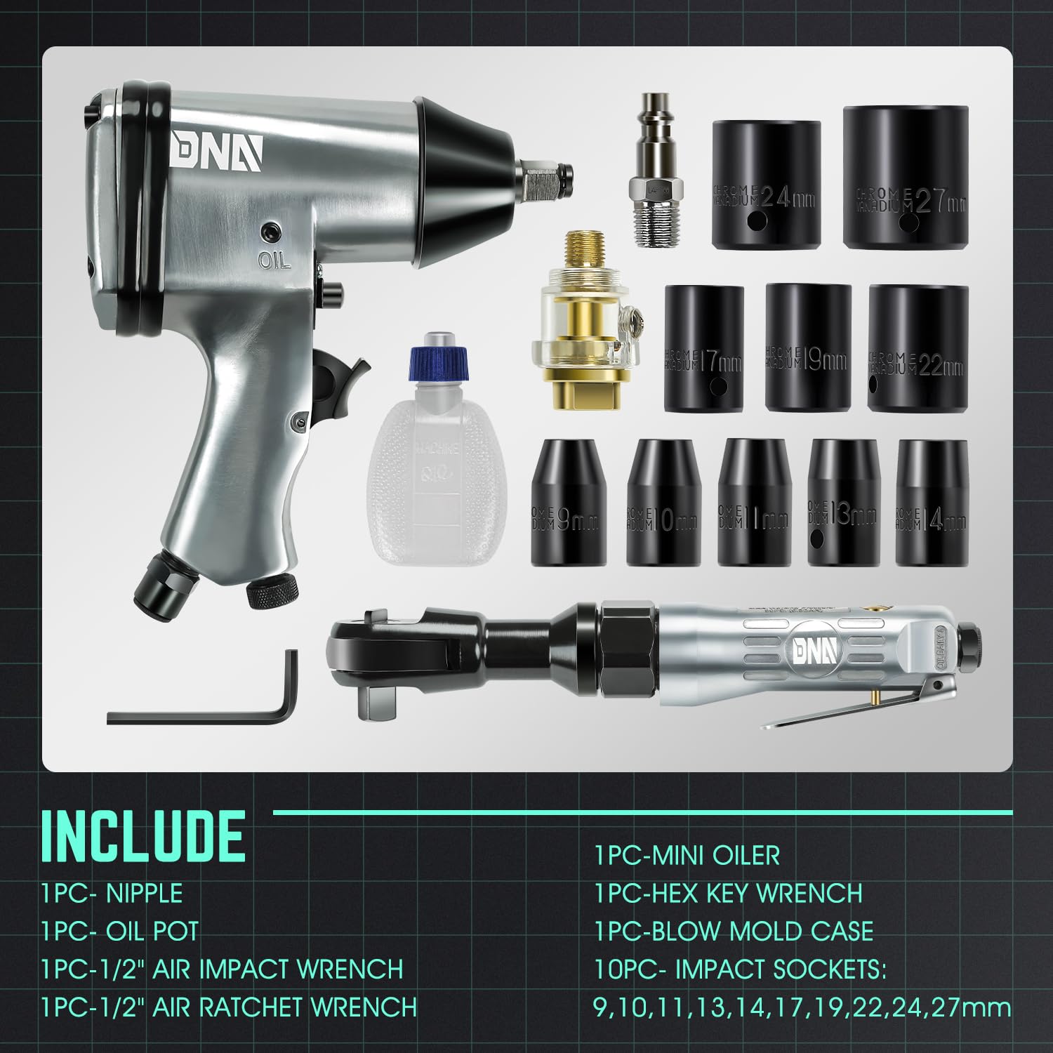 DNA MOTORING 17Pc Air Tool Kit 1/2-Inch Pneumatic Air Impact & Ratchet Wrench Kit Torque Wrench for Repairs, w/Case, Sliver/Black, TOOLS-00530 - WoodArtSupply