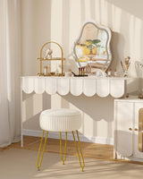 IBUYKE Velvet Round Footrest Stool Ottoman, Makeup Vanity Stool Side Table, Velvet Dressing Table Seat, Pouf Couch Stool, Golden Steel Legs, Creamy-White LG-30M IBUYKE