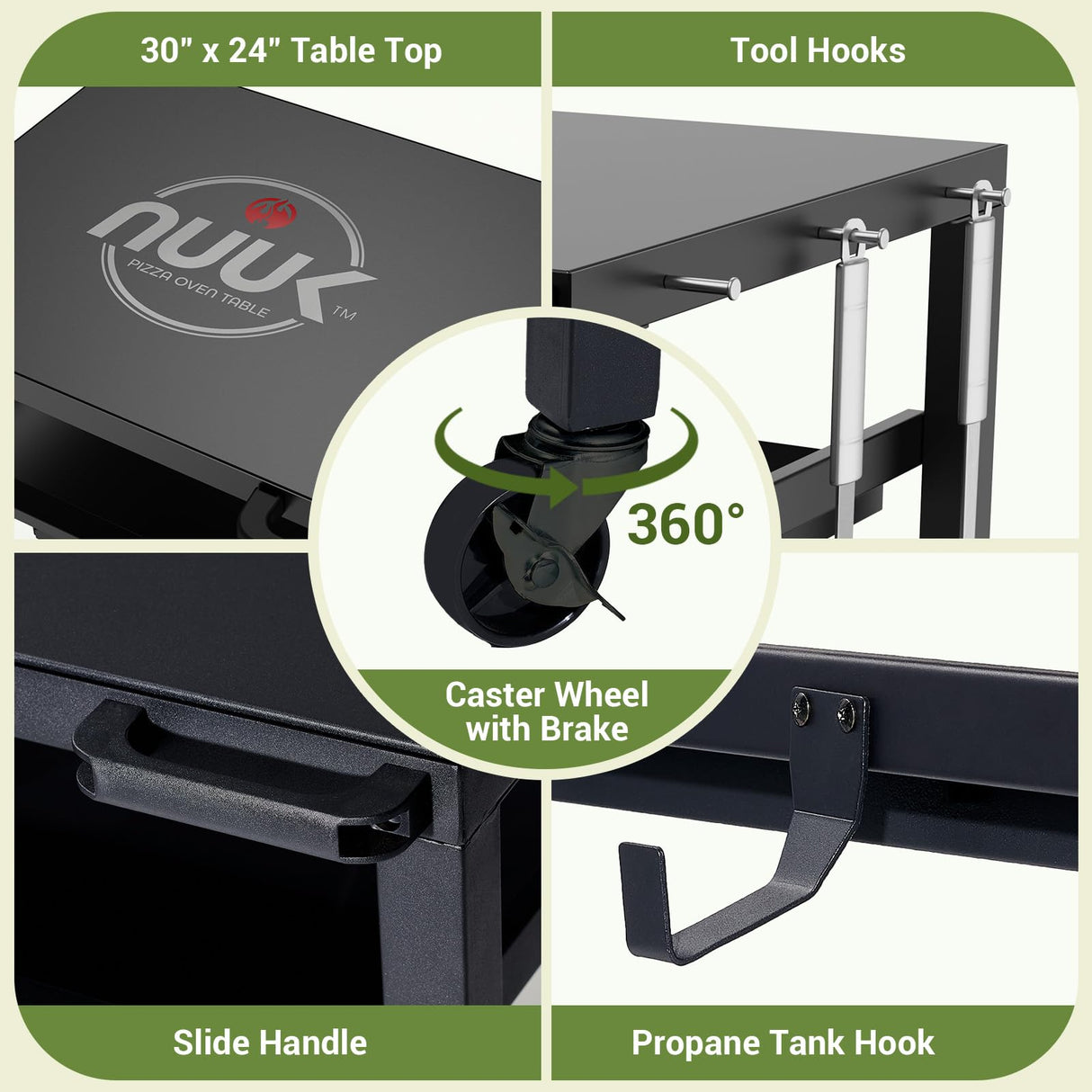 NUUK Outdoor Grill Prep Table 24"x30" Metal Grill Cart Outside 3-Layer Pizza Oven Table Movable with Universal Wheels for BBQ Backyard Patio NUUK