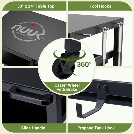 NUUK Outdoor Grill Prep Table 24"x30" Metal Grill Cart Outside 3-Layer Pizza Oven Table Movable with Universal Wheels for BBQ Backyard Patio NUUK