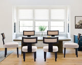 HNY Mid Century Modern Rattan Dining Chairs Set of 6, Farmhouse Linen Upholstered Accent Chair Curved Backrest Kitchen Chairs, with Black Hardwood Frame, Beige HNY