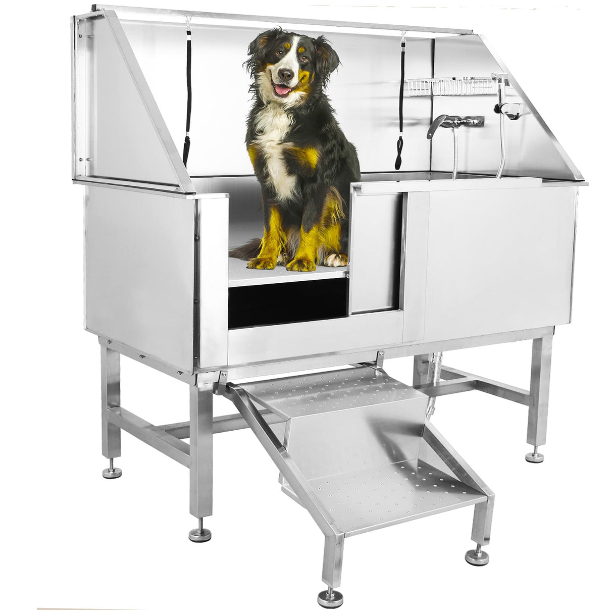 Dog Grooming Bathtub for Large Dogs, 50" Professional Dog Bathing Station, Pet Dog Washing Station for Home, Large Dog Bathtub with Removable Floor Grate, Steps, Faucet TROPOW