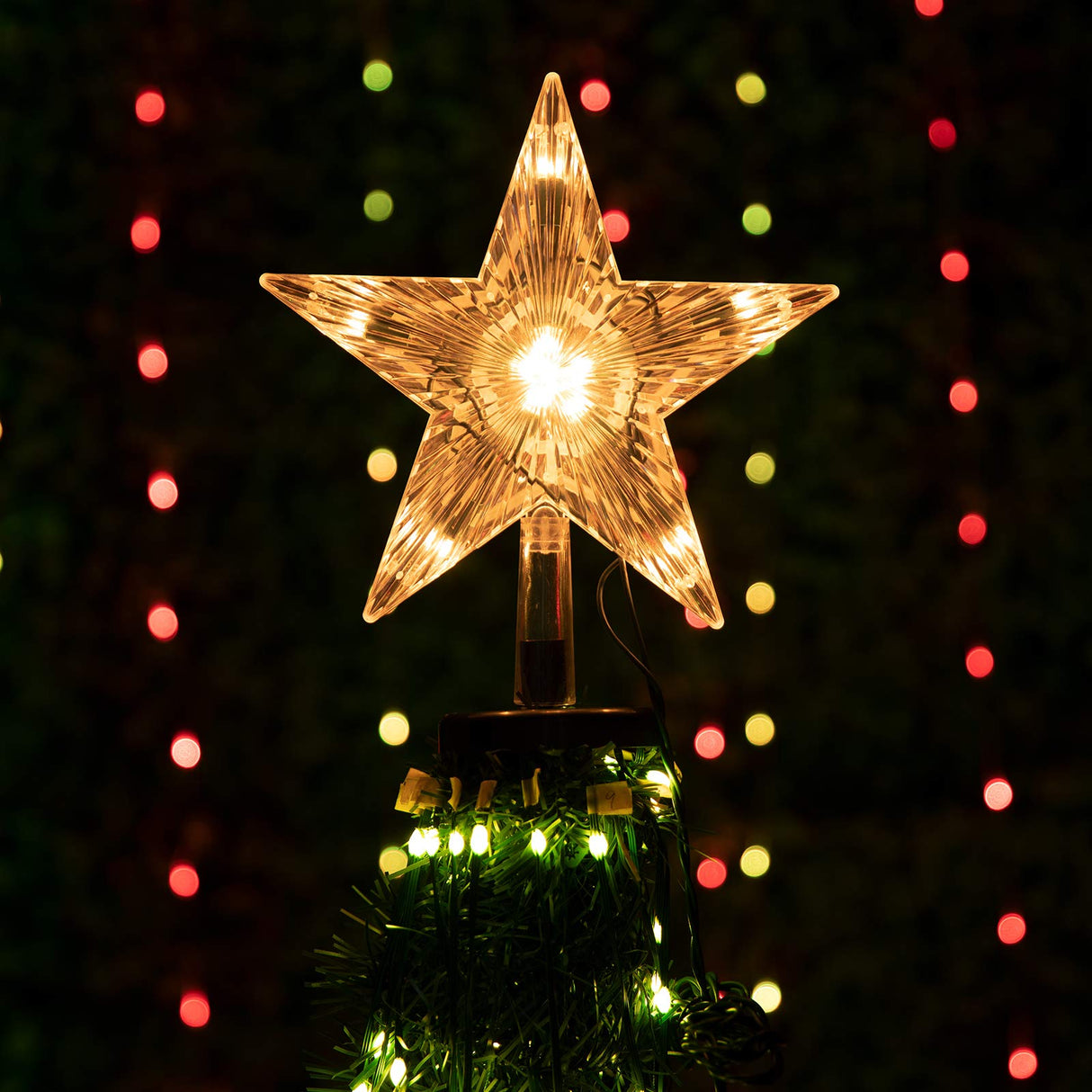 Christmas Tree Topper Lighted Star with Built-in 10 Replaceable Bulbs, 9.5” Clear Five-Pointed Star Tree Topper Plug in for Indoor Office Xmas New Year Holiday Tree Decoration, Warm White Brightown