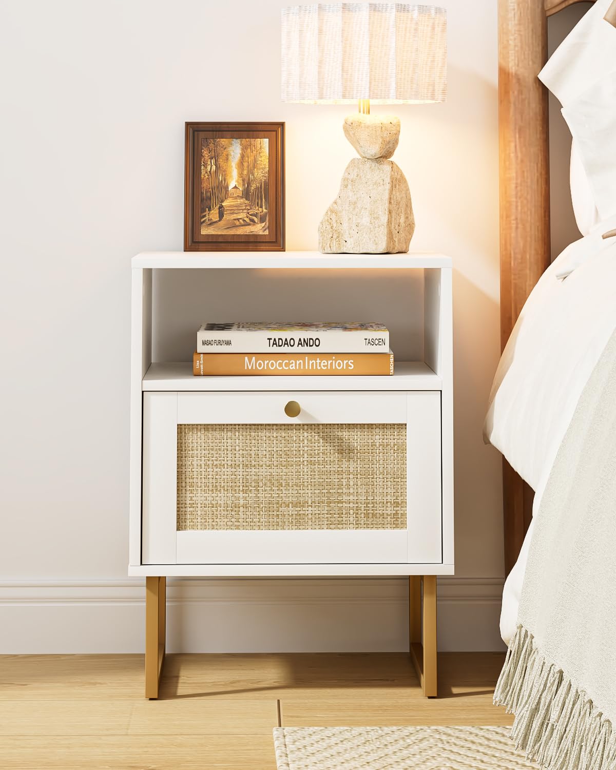 Apetaccat Rattan Nightstand, Boho Night Stand Farmhouse Wood Bedside Table with Storage and Open Shelf, End Side Accent Table for Bedroom,Living Room,White Apetaccat