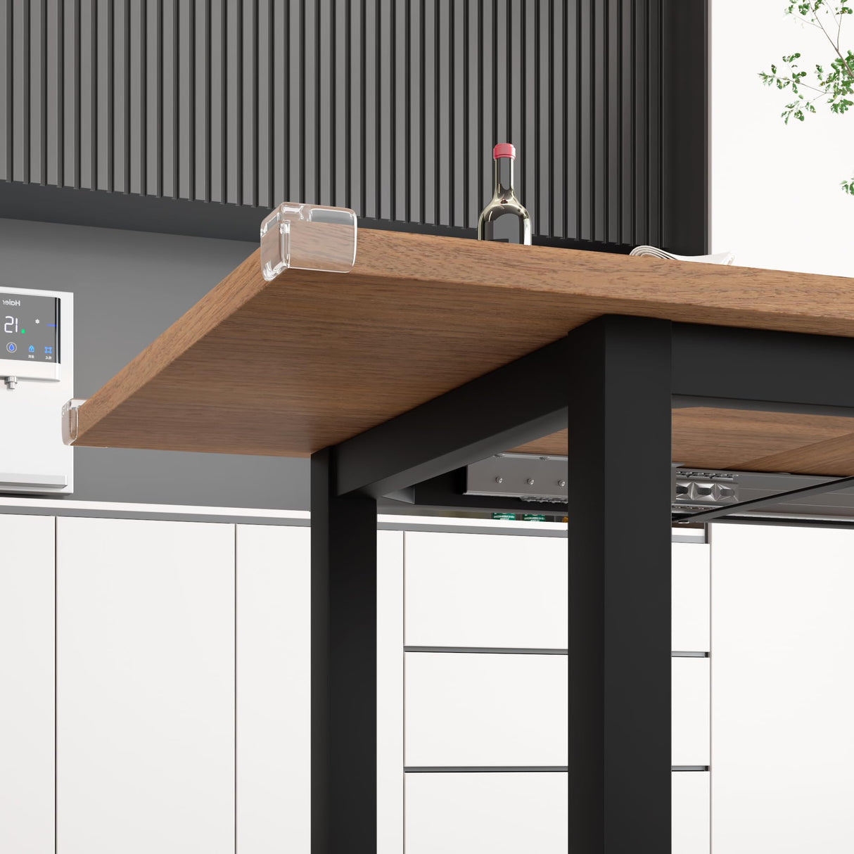 iPormis 5-Piece Dining Table Set for 4-8 People, Extendable Kitchen Table Set with 2 Benches and 2 Square Stools, Mid-Century Dining Room Table with Metal Frame & MDF Board, Saving Space, Walnut iPormis