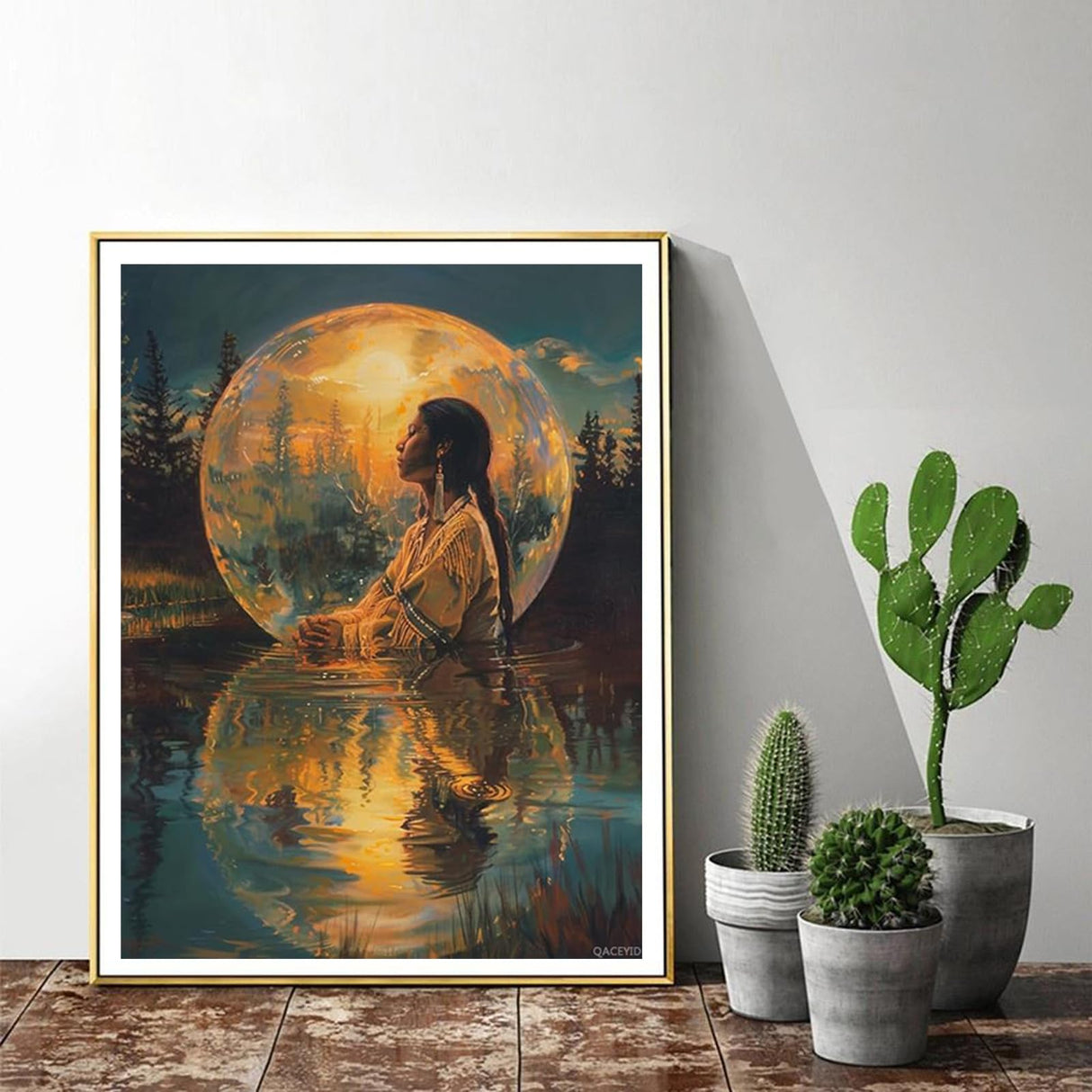 QACEYID Native American Woman Moon 5D Diamond Art Painting for Adults Full Drill Round Diamond Paint by Number Kits for Beginners Gems Cross Stitch for Wall Decor 12x16 inch QACEYID