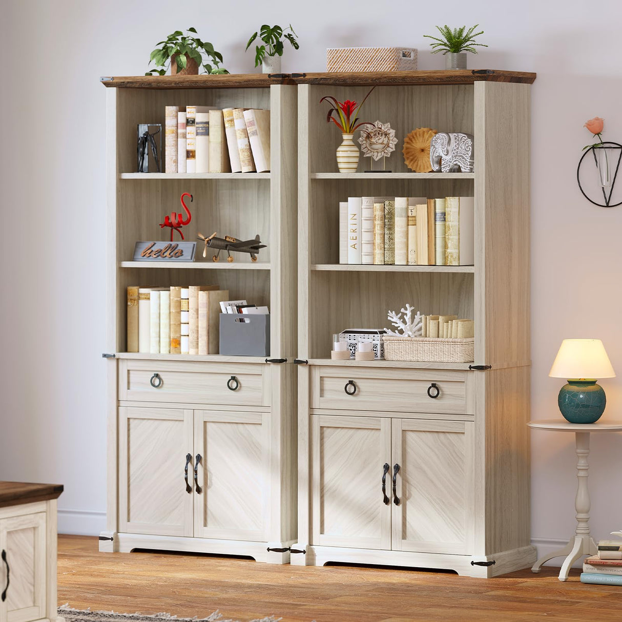 YITAHOME Farmhouse Bookcase with Doors and Drawers, 70" Tall Bookshelf with Storage Shelves, Standing Display Shelf Organizer Rack for Home Office, Living Room, White+Walnut YITAHOME