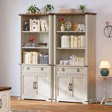 YITAHOME Farmhouse Bookcase with Doors and Drawers, 70" Tall Bookshelf with Storage Shelves, Standing Display Shelf Organizer Rack for Home Office, Living Room, White+Walnut YITAHOME