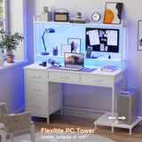 Korfile Computer Desk with Hutch, White Gaming Desk with Power Outlets & LED Ligthts & 5 Fabric Drawers, Home Office Desk with 2 Tiers Storage Shelves for Display, 47" PC Gamer Table for Bedroom Korfile