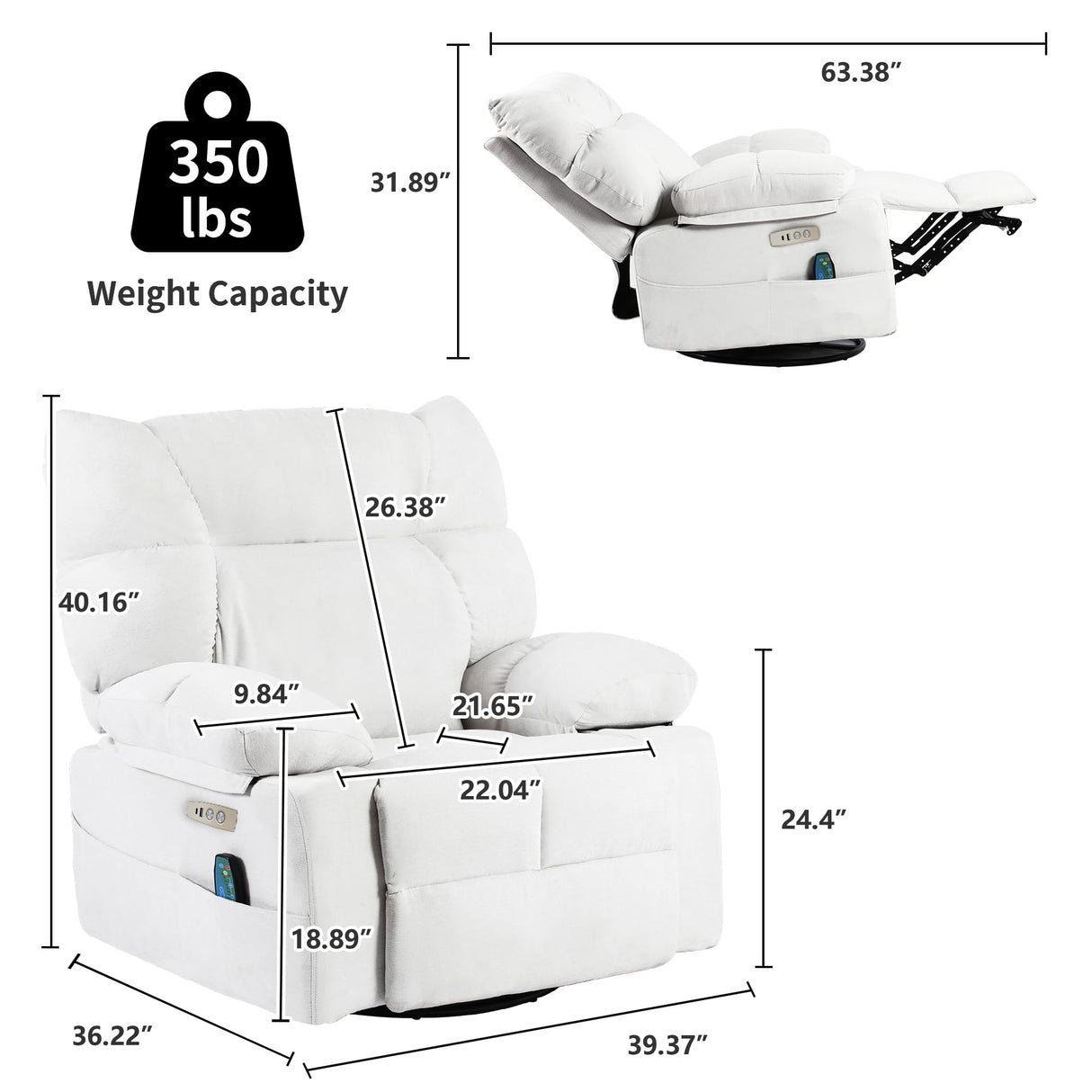 EDWELL White Power Recliner Chair, Swivel Rocking Recliner Chairs for Adults with Massage and Heated, Soft Single Reclining Swivel Sofa with USB, USB-C Ports for Living Room EDWELL