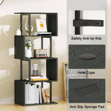 Furologee Geometric Bookshelf 5 Tier Bookcase, Industrial S-Shaped Display Storage Shelf for Small Space, Tall Metal Wood Decorative Standing Shelves for Bedroom, Living Room, Office, Black Oak Furologee