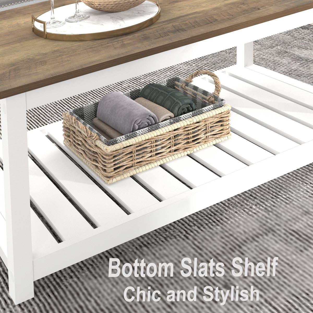 FOLUBAN Farmhouse Coffee Table with Storage Shelf, Rustic Vintage Wood Cocktail Table for Living Room, White FOLUBAN