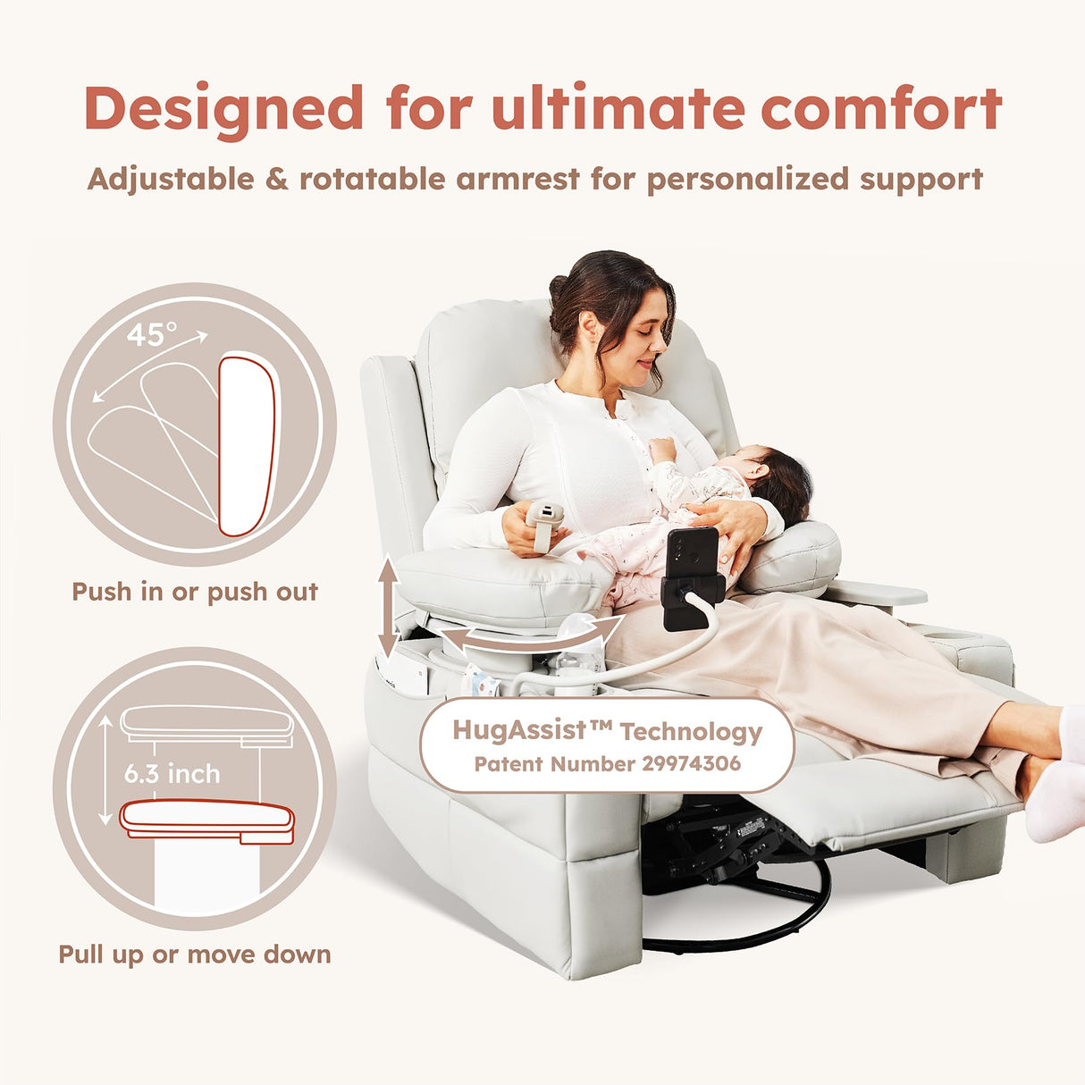 MAMAZING Oversized Rocking Chair Nursery with Adjustable Armrests, Electric Glider Recliner Nursing Chair for Breastfeeding, Power Swivel Recliner Chairs, Oeko-TEX & FSC Certified (Off White) MAMAZING