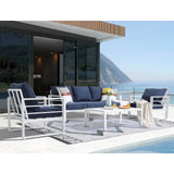 Patiorama Aluminum Patio Furniture Set, 4 PCS Modern Patio Conversation Set, All Weather White Outdoor Sectional Sofa Set w/Table, 3-Seater Sofa, Superior Olefin Cushion, Garden-Blue Cushion Patiorama