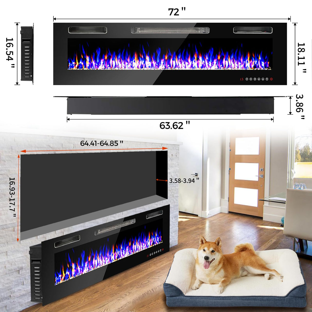 72" Electric Fireplace Recessed Wall Mounted,Muti LED Flames Fireplace Insert, Speed Bright Adjustable,Electric Fire Place Heater,Remote/Touch Screen Control Fireplace,1-8 HTimer / 400 Sq. FANGJI