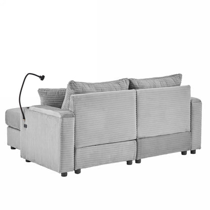 Deep Seat Modular Sectional Sofa Cloud Couch with Movable Ottoman, Corduroy Upholstered Oversized Loveseat Convertible Sleeper Sofabed Lounge Daybed w/Cup Holders & 2 USB Ports & Phone Holder